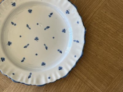 画像1: 18世紀 フランス南西 白釉 手描き ブルーの小花と虫柄 プレート [202506−95]