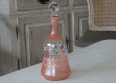 画像1: フランスアンティーク ガラス製ボトル ピンク色とお花のエナメル  (1)